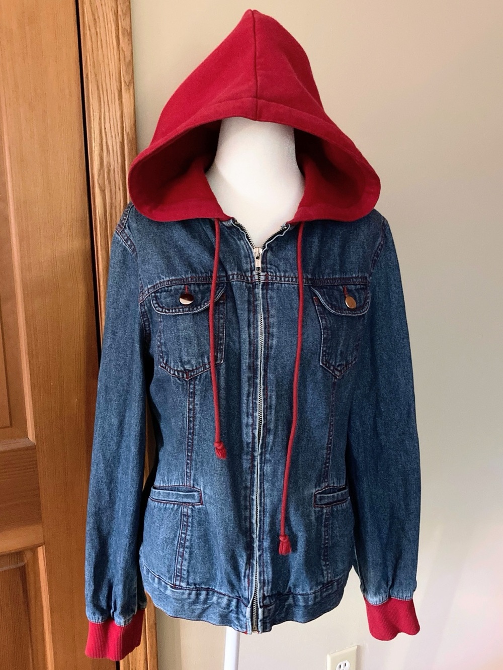 Vintage Blue Denim Jacket with Red Hood and Red Cuffs